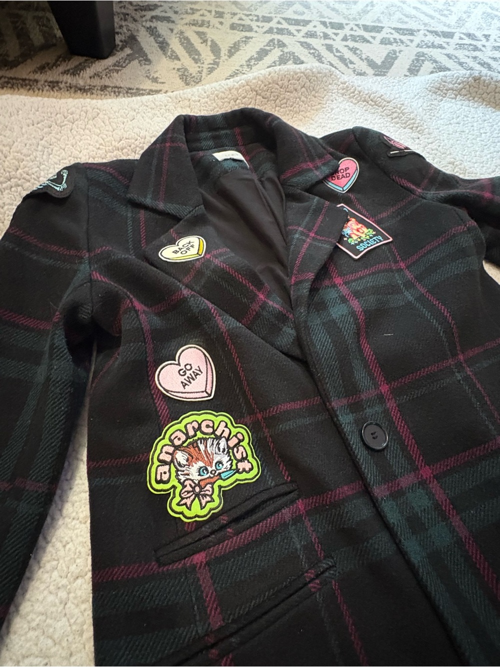 LOFT Black Plaid Long Jacket with Green Pink Patch Punk Burgundy Windowpane